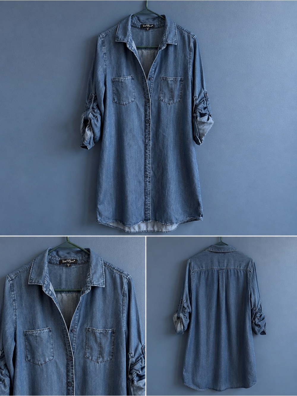 Velvet Heart Chambray Denim Shirt Dress Roll Tab Sleeve Medium